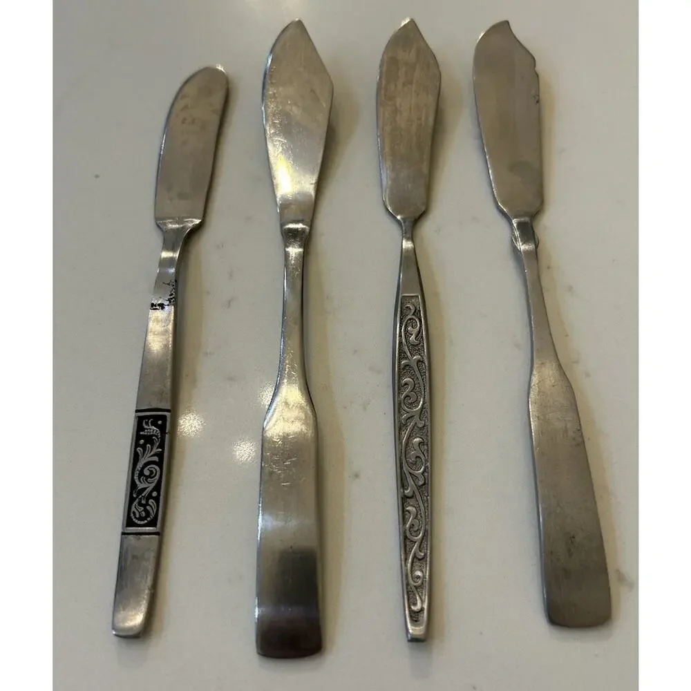 Vtg Lot Of 4 Butter Knives Assorted‎ Patterns Stainless Steel Amafa Hull Rogers